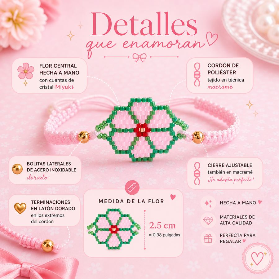 Pulsera Flor Rosa - El toque femenino que le faltaba a tu look • Joyas Coquetas Infografía detallada de la pulsera flor rosa con medidas en centímetros y pulgadas, hecha a mano por Joyas Coquetas en Málaga.