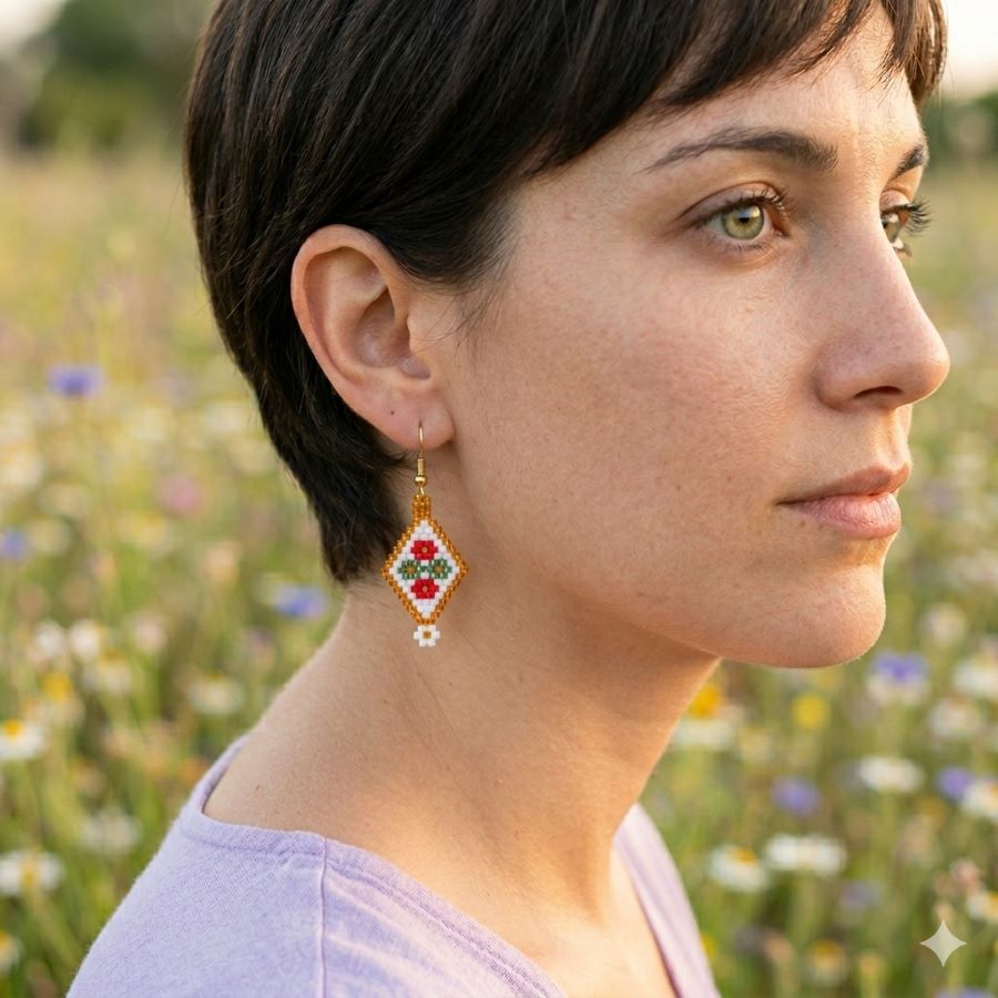 Pendientes de cuentas rombo hechos a mano con cuentas Miyuki en tonos blanco, rojo y dorado. Hechas a mano por Joyas Coquetas en Málaga.