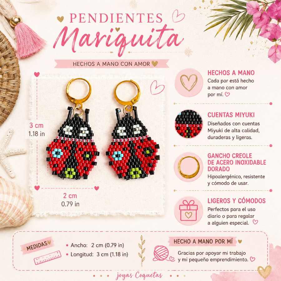 Pendientes Mariquita Roja Artesanales Miyuki – Pendientes Coquette de Acero Inoxidable Dorado • Joyas Coquetas Pendientes Mariquita Roja Artesanales Miyuki – Pendientes Coquette de Acero Inoxidable Dorado - Imagen 8