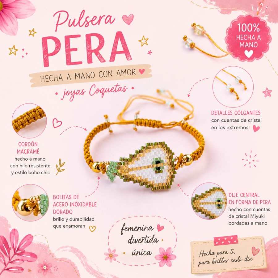 Pulsera Ajustable Pera de Cristal Miyuki: Joyería Artesanal Chic con Macramé Mostaza • Joyas Coquetas Infografía de pulsera artesanal de pera Miyuki con detalles de macramé y materiales handmade