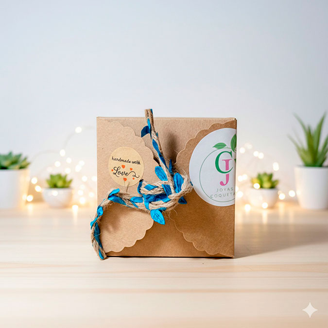 Pendientes Gata Artesanales • Joyas Coquetas Embalaje de regalo atractivo para Joyas Coqueta con una caja kraft, una pegatina «hecho a mano con amor» y un cordel con hojas.