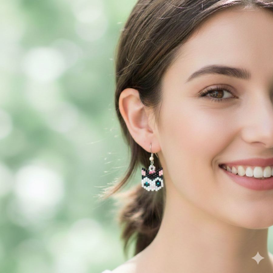 Pendientes Gata Artesanales • Joyas Coquetas Detalle de modelo sonriente llevando puestos en las orejas los pendientes gata artesanales hechos por Joyas Coquetas en España.