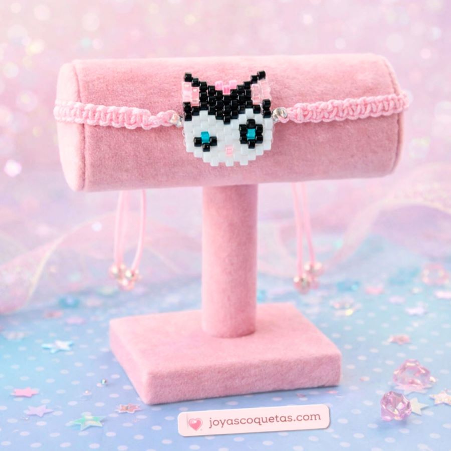 Pulsera Gatita Lazo Rosa • Joyas Coquetas pulsera gatita kawaii, dulce y chic para mujer juvenil. Hecha a mano en España por joyas coquetas