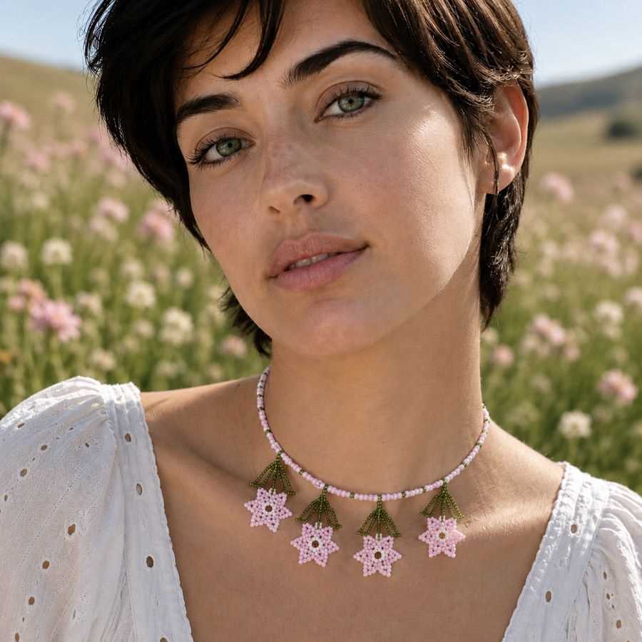 Modelo llevando collar floral artesanal hecho a mano por Joyas Coquetas en Málaga