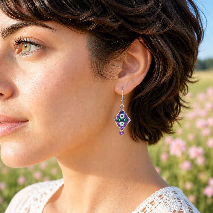 Pendientes largos miyuki con forma de diamante con pequeñas flores puesto en modelo. Hechos a mano en Málaga por Joyas Coquetas.
